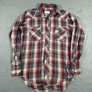 VTG 70s Wrangler Permanent Press‎ Long Tails THIN Shirt Medium* Red Plaid USA